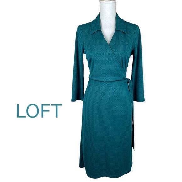 LOFT Teal & Black Wrap Dress With Fabric Belt - Picture 1 of 11